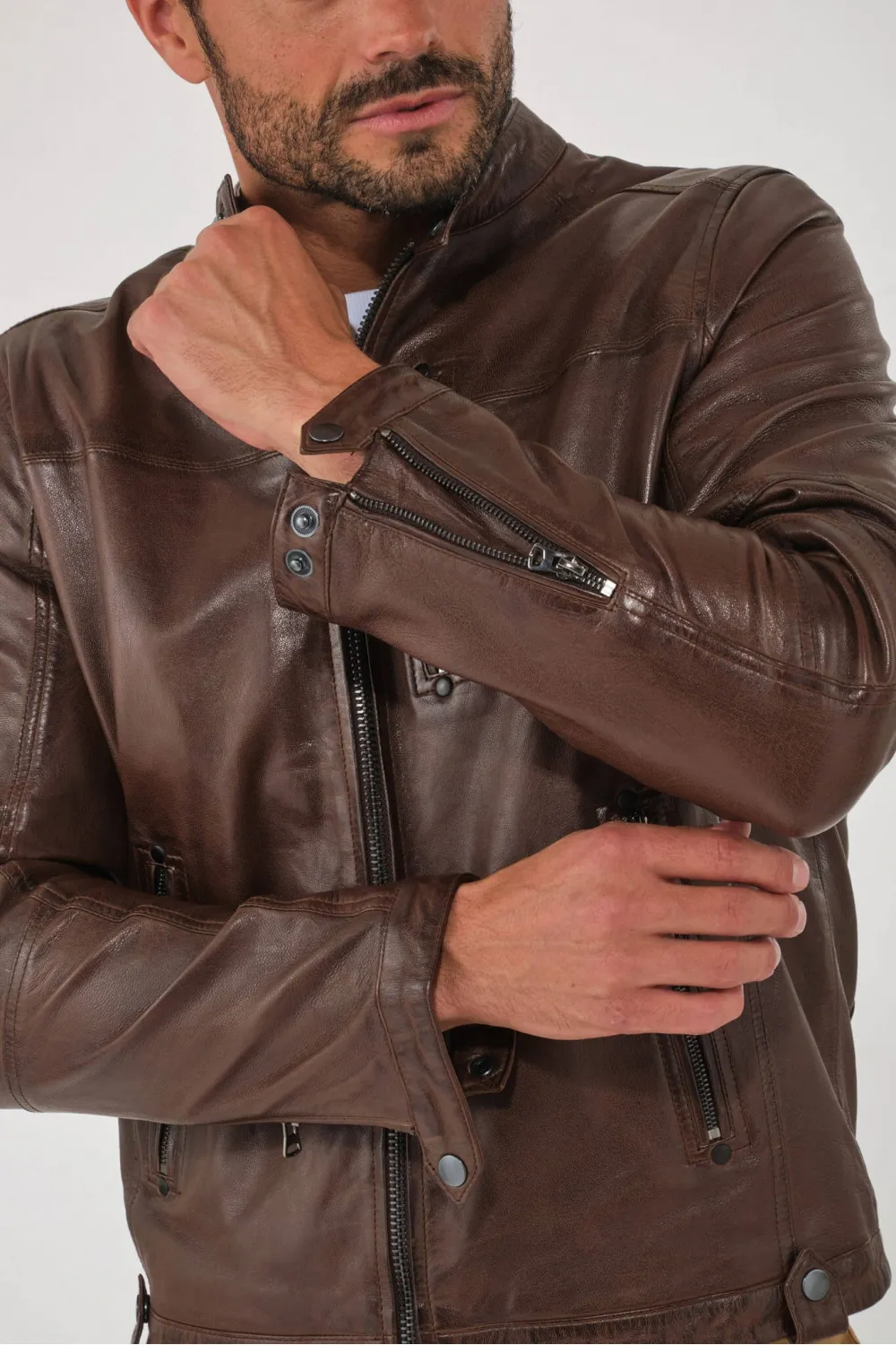 Blouson agneau marron style motard , Caractère Cuir - MARTIN JACKET Marron | Cesare Nori